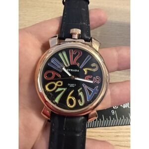 Strada Genuine Leather Black Watch With Multicolor Numbers Vintage